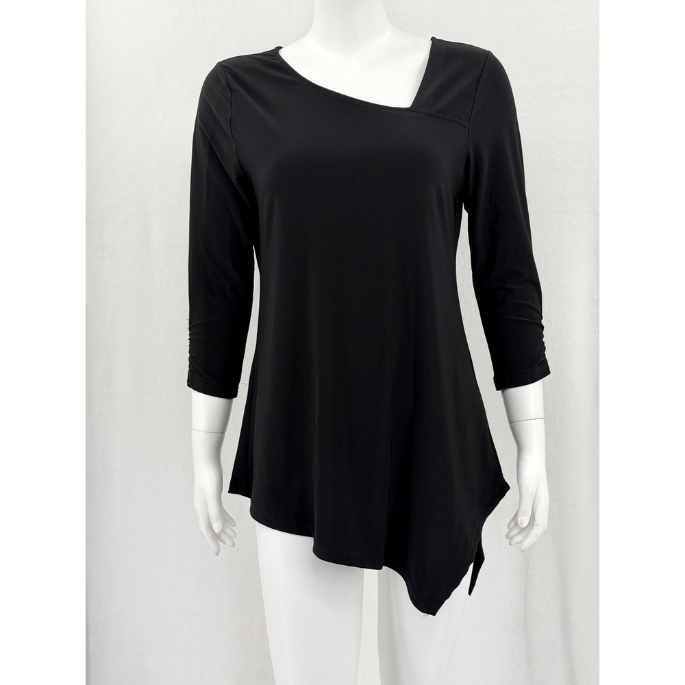 Alisha D Top Womens Small Black Asymmetrical Tunic Stretch Lagenlook Slinky Knit